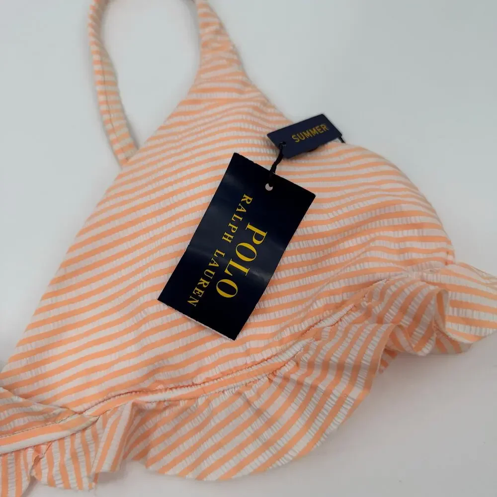 Polo Ralph Lauren Bikini Top SZ Small NWT Seersucker Ruffle Orange White Stripe